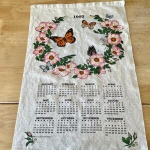 Vintage 1995 Linen Tea Towel Calendar with Floral Wreath and Butterflies EUC